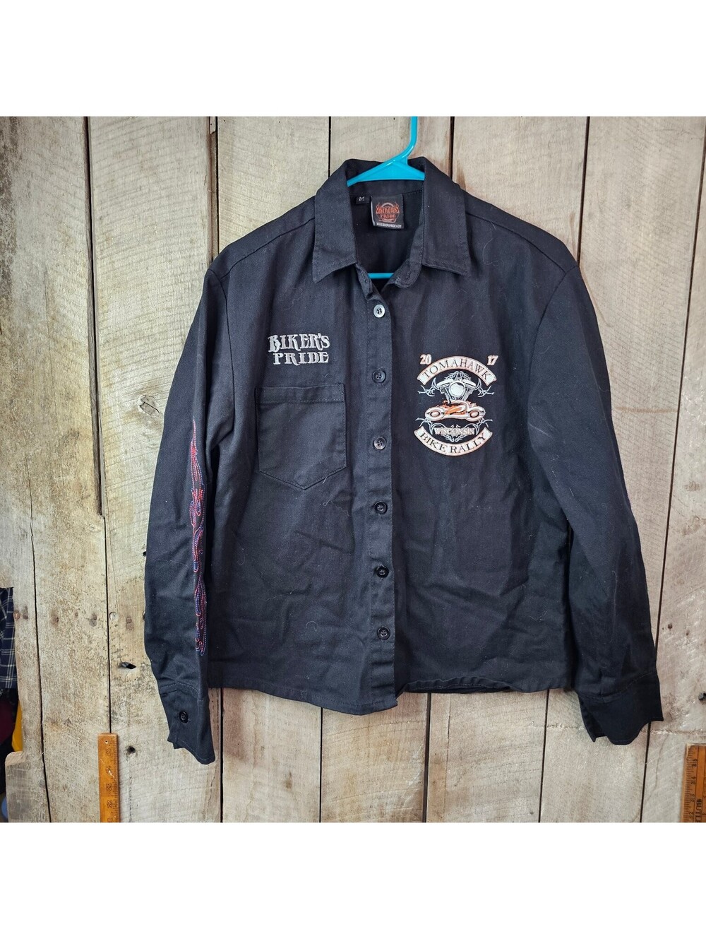 Biker's Pride Tomahawk Wisconsin Bike Rally 2017 Button Up Shirt Black M Flames
